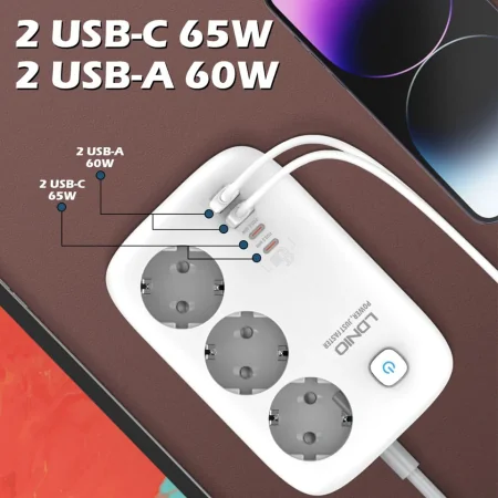 Multiprise LDNIO SE3436 - 3 Prises EU 3250W, 4 Ports USB, Station de Charge à Domicile