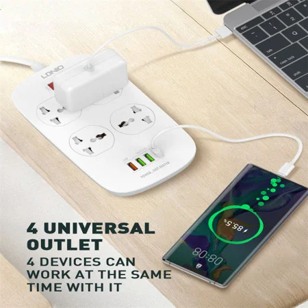 Multiprise LDNIO SC4407Q - 4 Ports USB, 4 Prises Universelles, Compatible EU/UK/US, Charge Rapide avec Détection Auto-ID