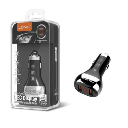 Chargeur Voiture LDNIO C2 QC3.0 avec Affichage LED - 2 Ports USB, Support Universel, Câble Type-C Inclus (Noir)