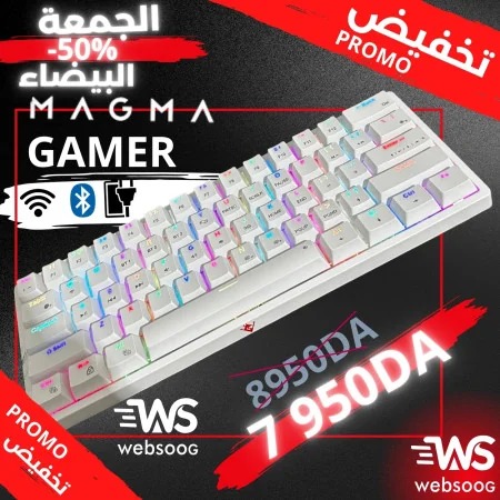 Clavier MAGMA FIORA 60% Blanc F61W - Switches Rouges, Bluetooth 3.0, 2.4G, Éclairage RGB