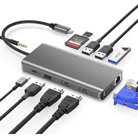 Station USB-C 12 en 1 - HDMI 4K, VGA, Charge PD 100W, Ethernet, USB, Lecteurs SD/TF | Pour MacBook, iPad, Dell, Lenovo