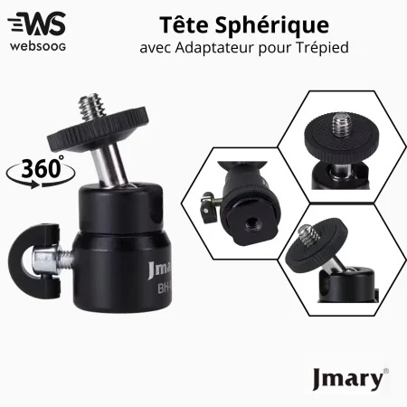 Adaptateur de Trépied Haute Qualité à 360° avec Vis 1/4 pour Caméra et Téléphone Portable, Mini Tête Sphérique JMARY BH-01/BH-02