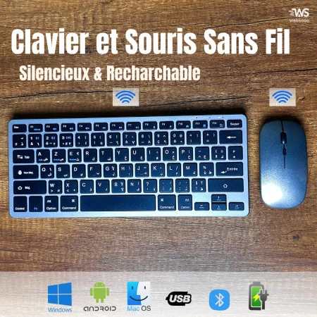 Combo Clavier + Souris Mini Sans Fil Rechargeable - Ultra-Fin, Connexion Stable 2.4G, Design Ergonomique 2.4G+