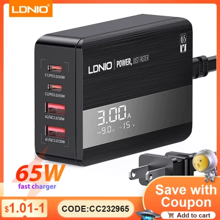 Chargeur LDNIO A4808Q - 65W, 4 Ports USB, Charge Rapide QC 4.0 et PD, Compact et Polyvalent