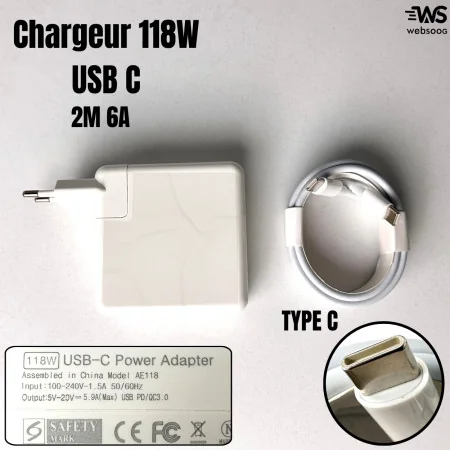 Chargeur 118W USB C (with 2M 6A double Type C Cable) - Original Quality