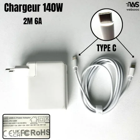 Chargeur 140W USB C (with 2M 6A double Type C Cable) - Original Quality