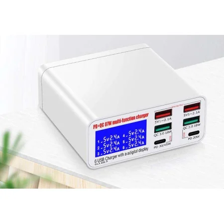 Chargeur Multi-Fonction YAXUN 896P PD+QC 87W - 6 Ports USB avec Affichage Digital, QC 3.0 & PD 45W/20W